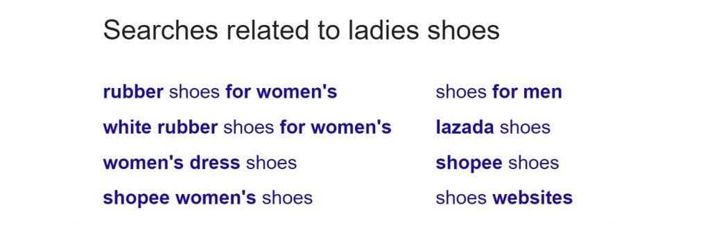 Google related searches for ladies shoes.