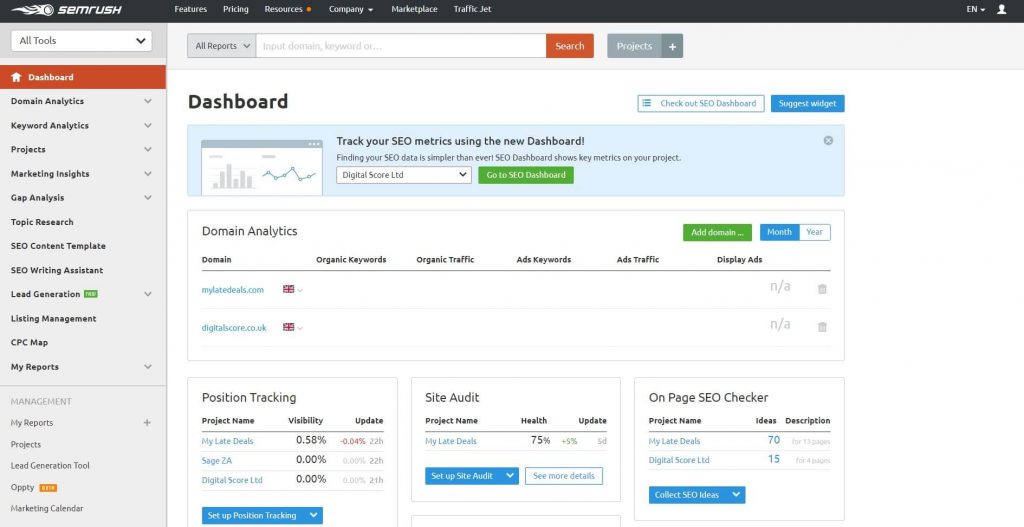 Semrush dashboard